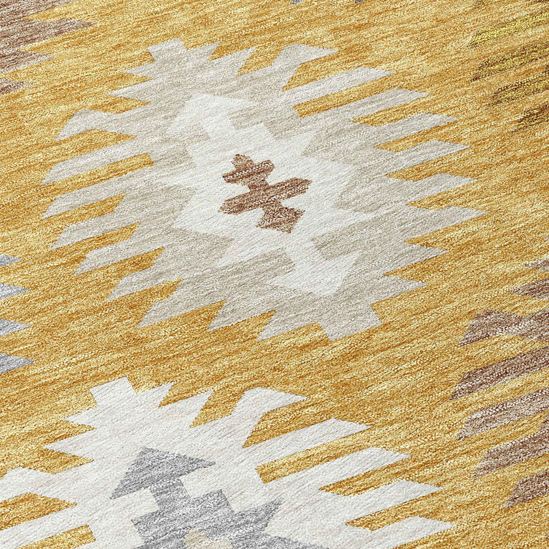9' X 12' Gold Ivory And Taupe Southwestern Washable Indoor Outdoor Area Rug