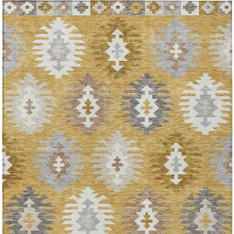 9' X 12' Gold Ivory And Taupe Southwestern Washable Indoor Outdoor Area Rug