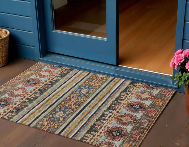 3' X 5' Rust Gray And Gold Tribal Washable Indoor Outdoor Area Rug