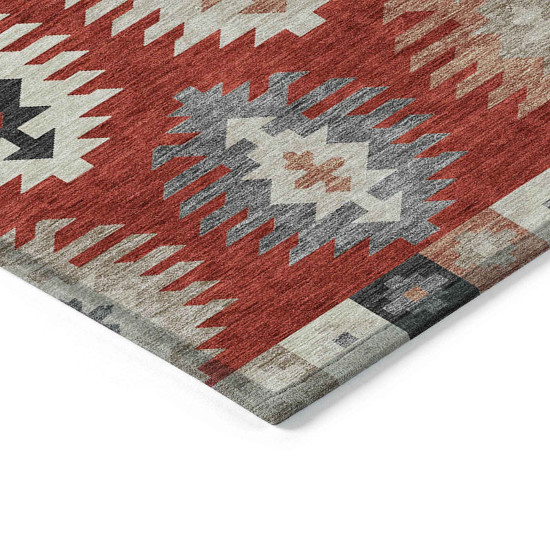 5' X 8' Red Ivory And Salmon Southwestern Washable Indoor Outdoor Area Rug