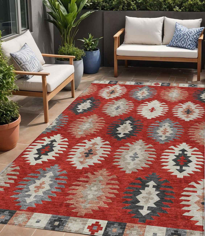 5' X 8' Red Ivory And Salmon Southwestern Washable Indoor Outdoor Area Rug
