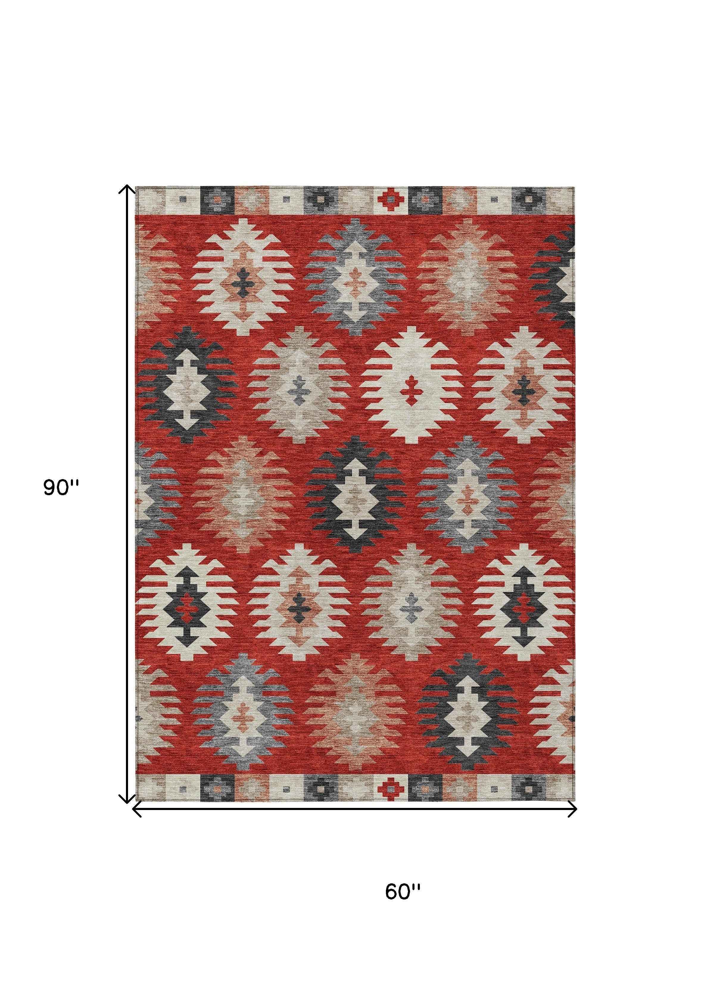 5' X 8' Red Ivory And Salmon Southwestern Washable Indoor Outdoor Area Rug