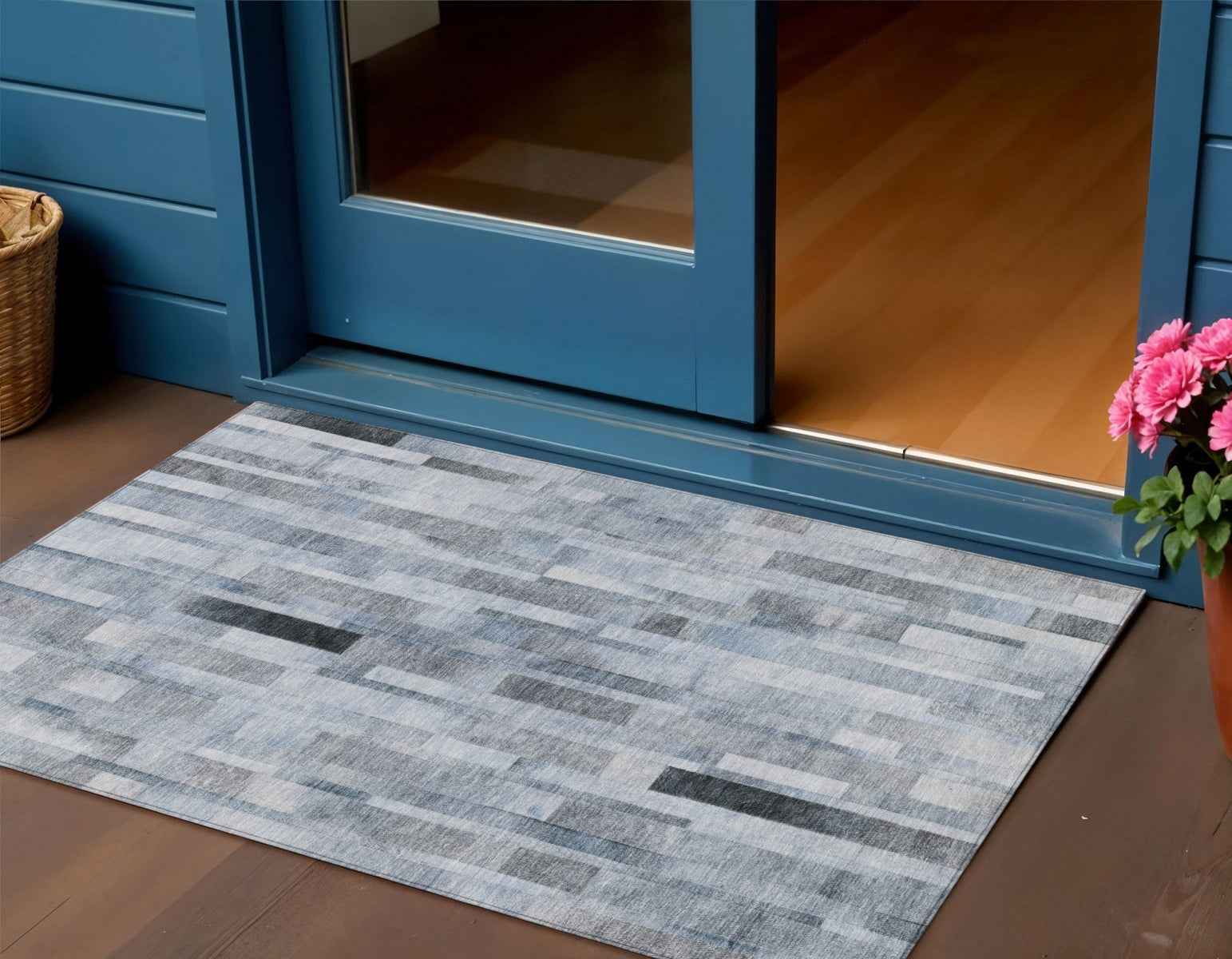 3' X 5' Blue And Gray Striped Washable Indoor Outdoor Area Rug