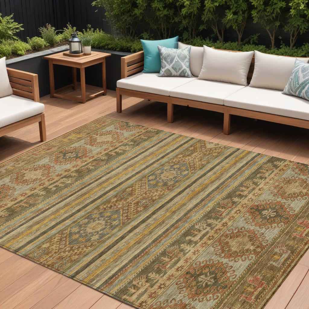 9' X 12' Beige Taupe And Gold Tribal Washable Indoor Outdoor Area Rug