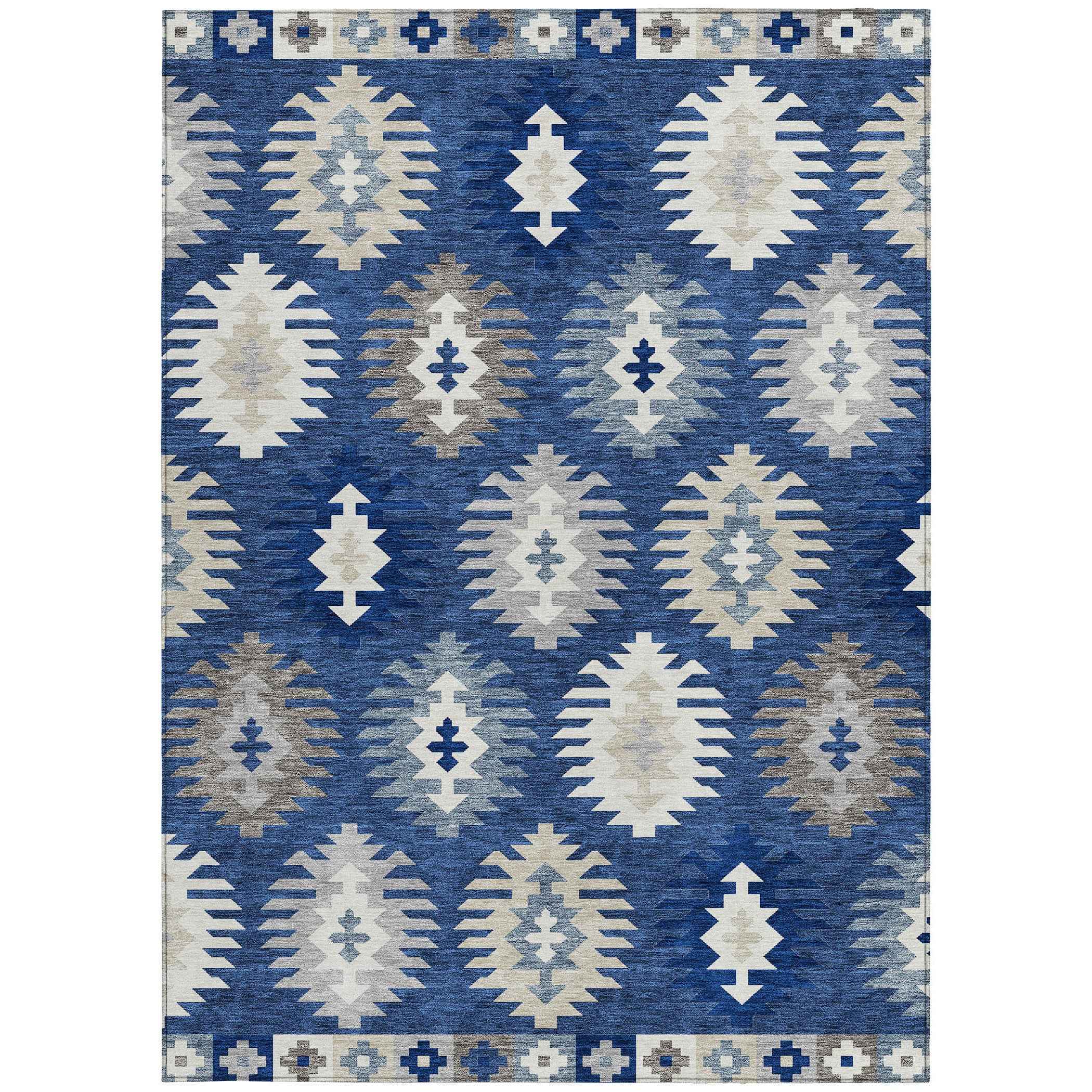 8' X 10' Navy Blue Ivory And Gray Southwestern Washable Indoor Outdoor Area Rug