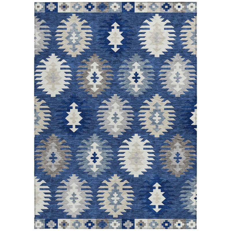 8' X 10' Navy Blue Ivory And Gray Southwestern Washable Indoor Outdoor Area Rug