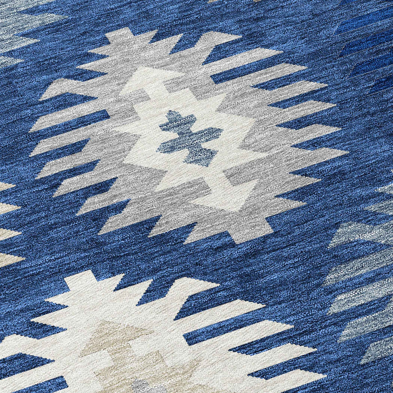 8' X 10' Navy Blue Ivory And Gray Southwestern Washable Indoor Outdoor Area Rug