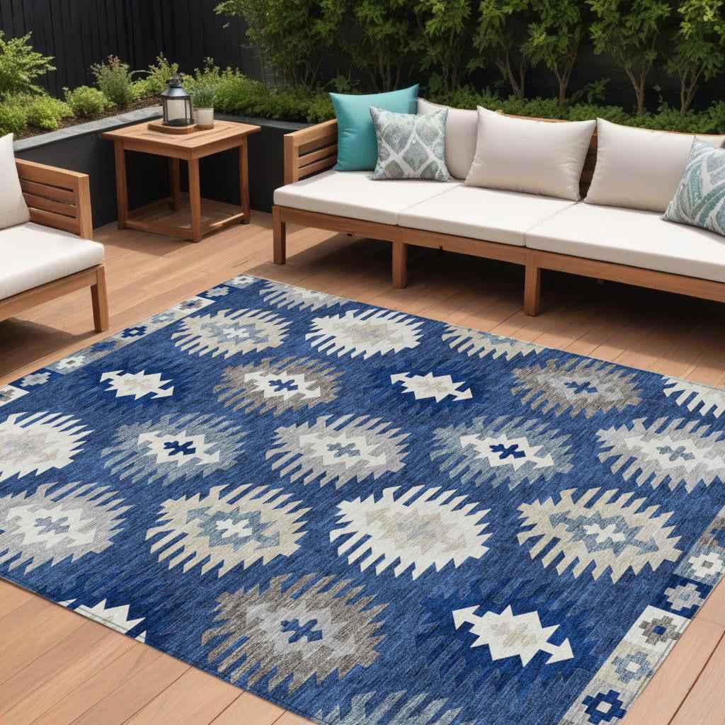 8' X 10' Navy Blue Ivory And Gray Southwestern Washable Indoor Outdoor Area Rug