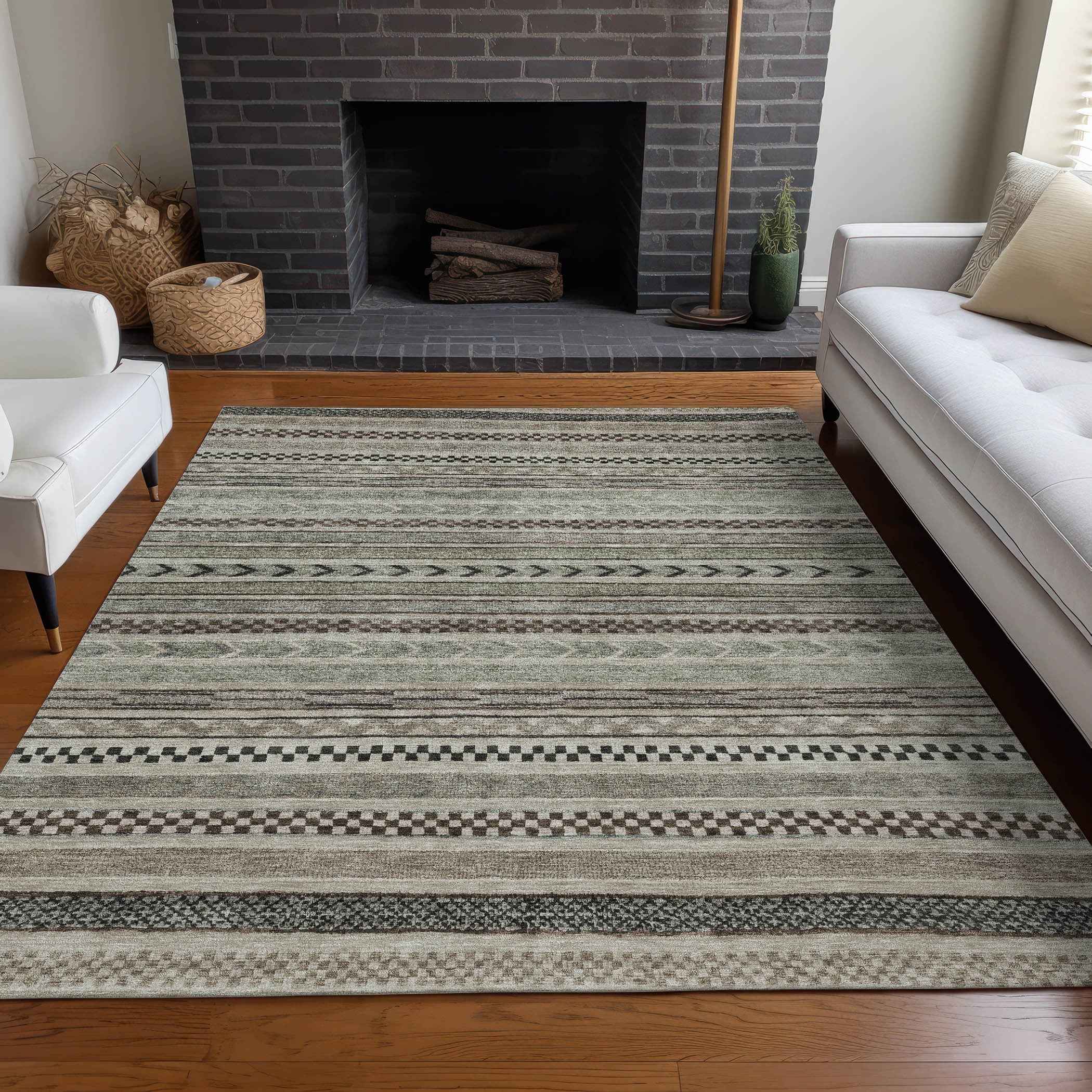 10' X 14' Taupe And Brown Striped Washable Indoor Outdoor Area Rug