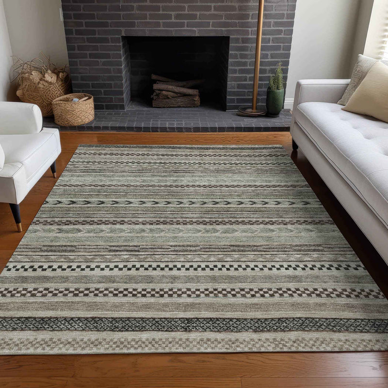 10' X 14' Taupe And Brown Striped Washable Indoor Outdoor Area Rug