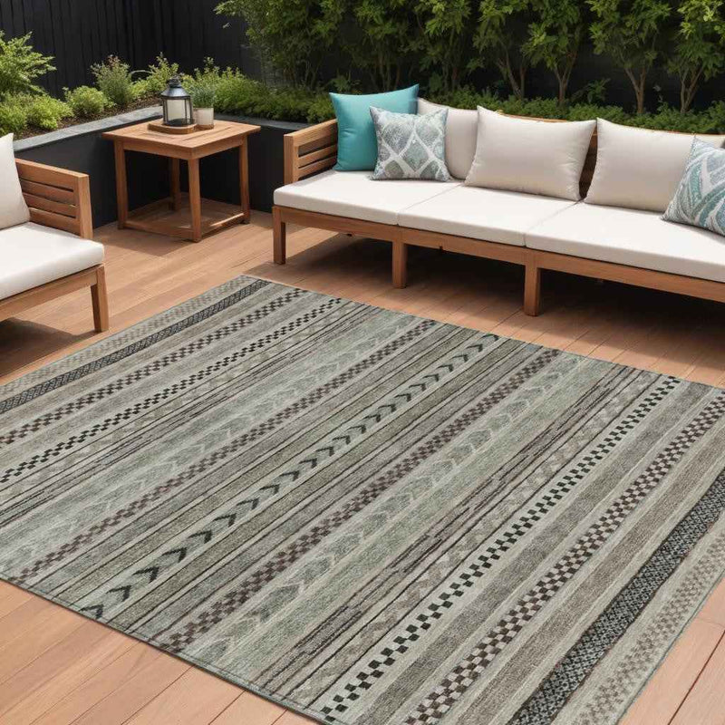 10' X 14' Taupe And Brown Striped Washable Indoor Outdoor Area Rug