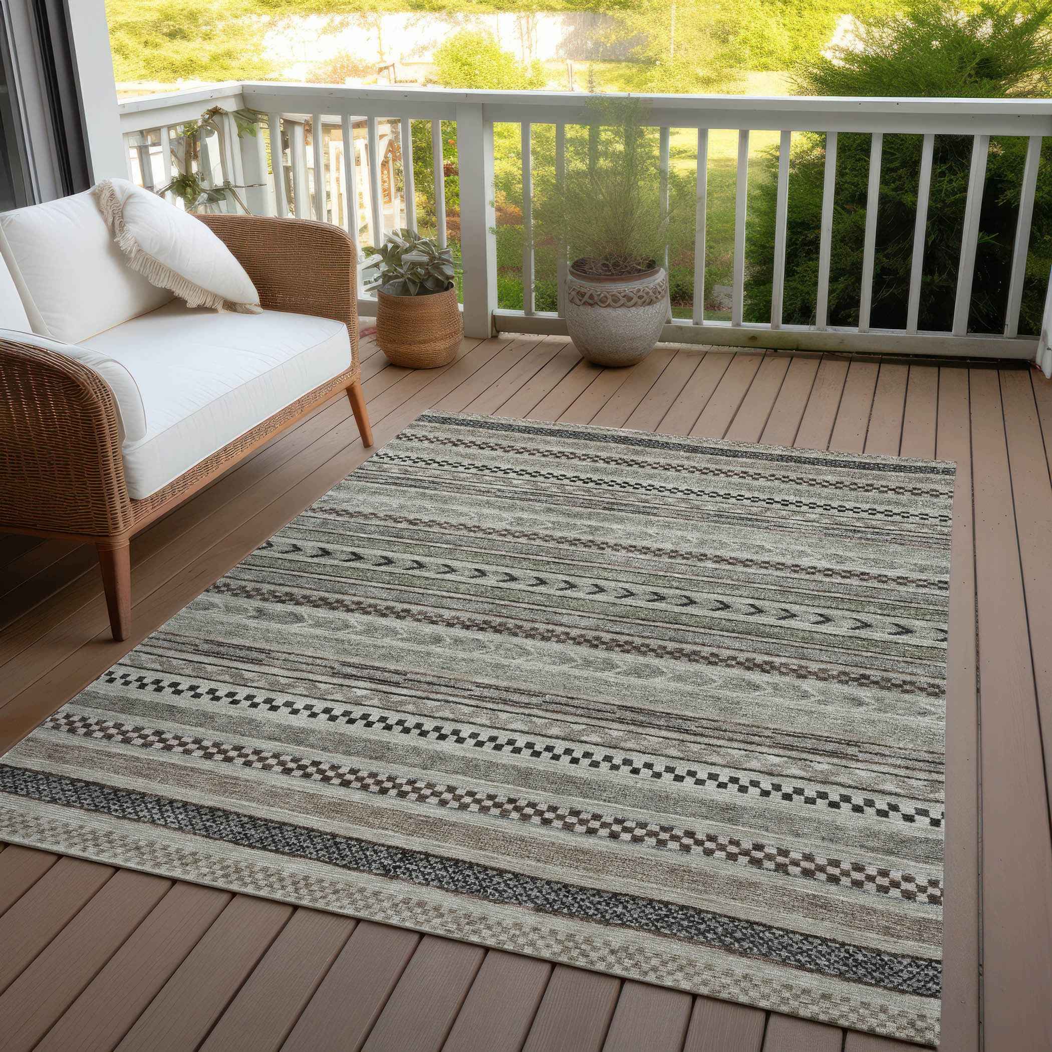 10' X 14' Taupe And Brown Striped Washable Indoor Outdoor Area Rug