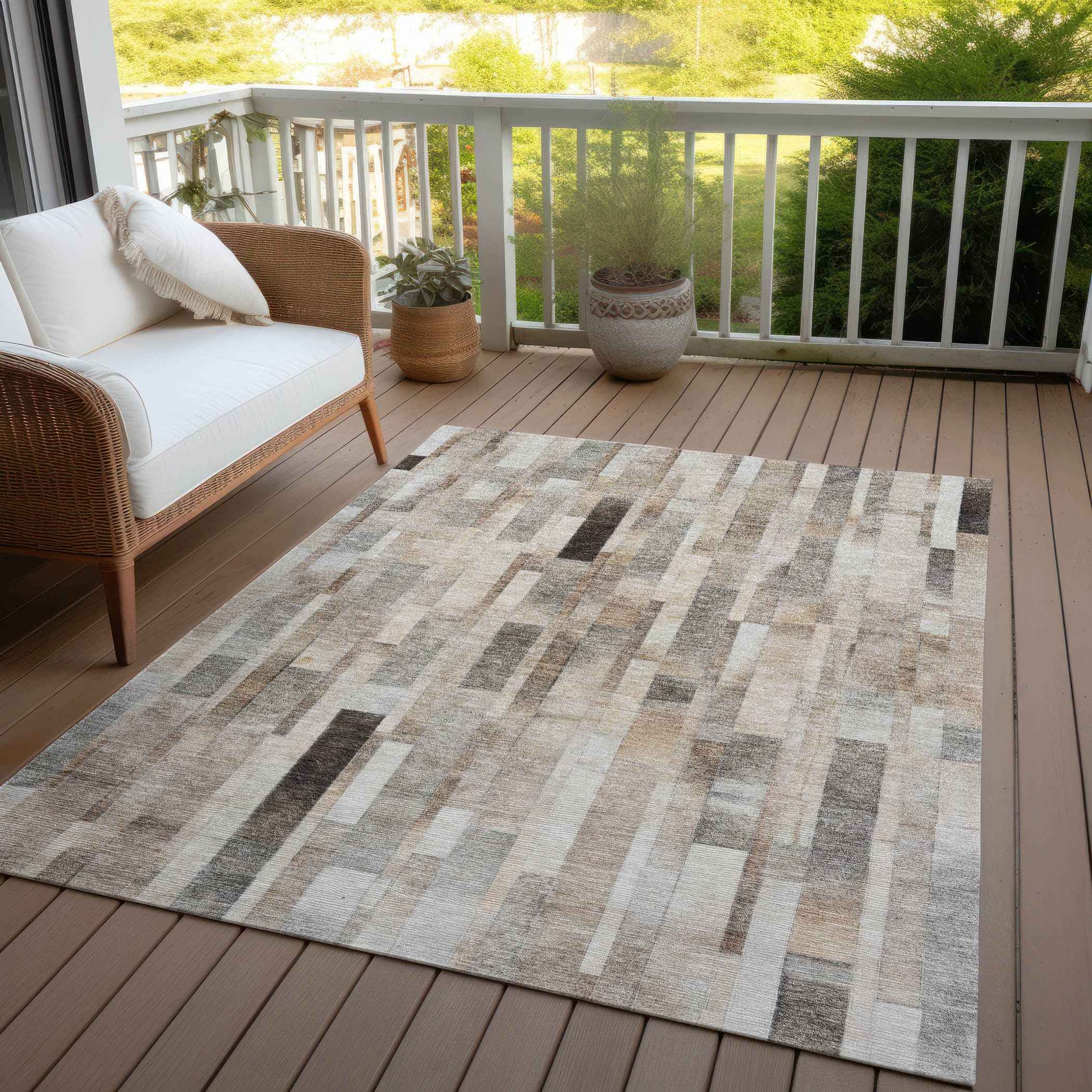 3' X 5' Taupe And Gray Striped Washable Indoor Outdoor Area Rug