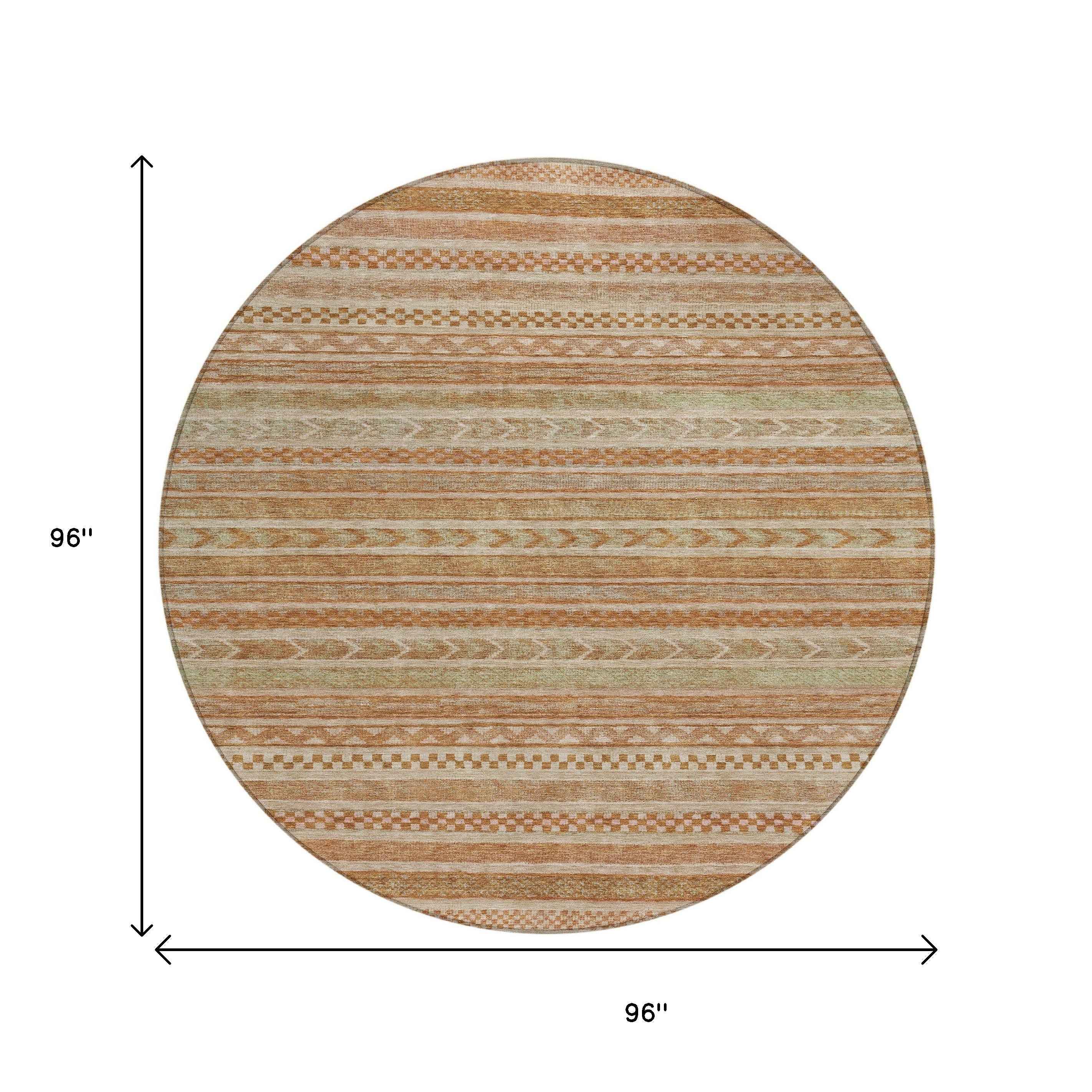 8' Terra Cotta And Rust Round Striped Washable Indoor Outdoor Area Rug