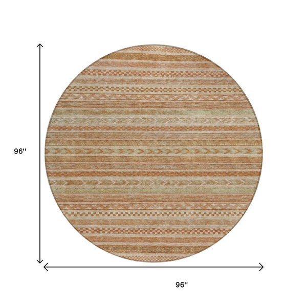 8' Terra Cotta And Rust Round Striped Washable Indoor Outdoor Area Rug
