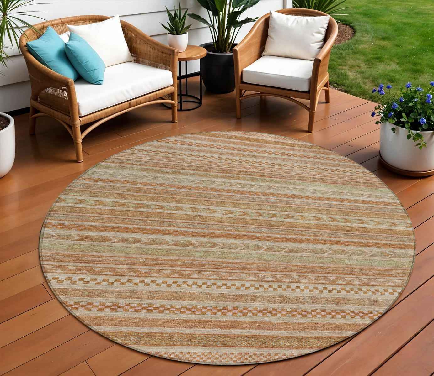 8' Terra Cotta And Rust Round Striped Washable Indoor Outdoor Area Rug