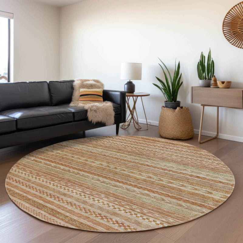8' Terra Cotta And Rust Round Striped Washable Indoor Outdoor Area Rug