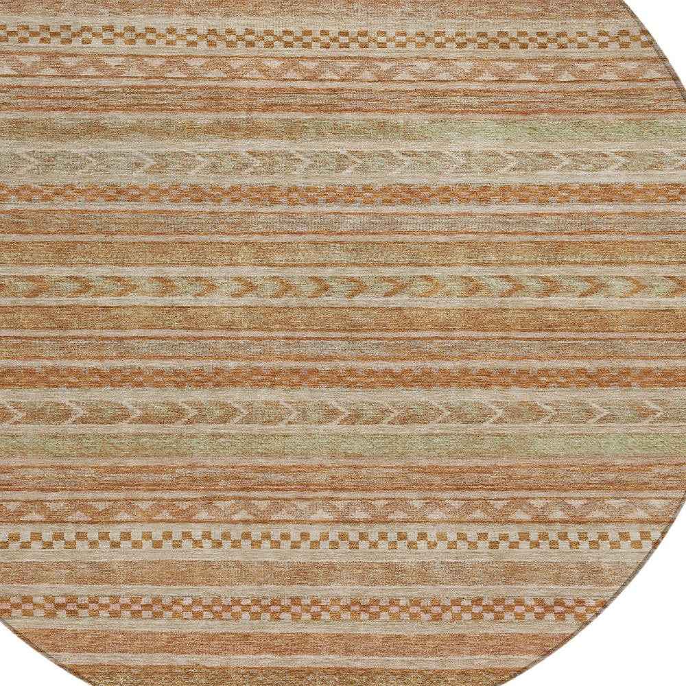 8' Terra Cotta And Rust Round Striped Washable Indoor Outdoor Area Rug