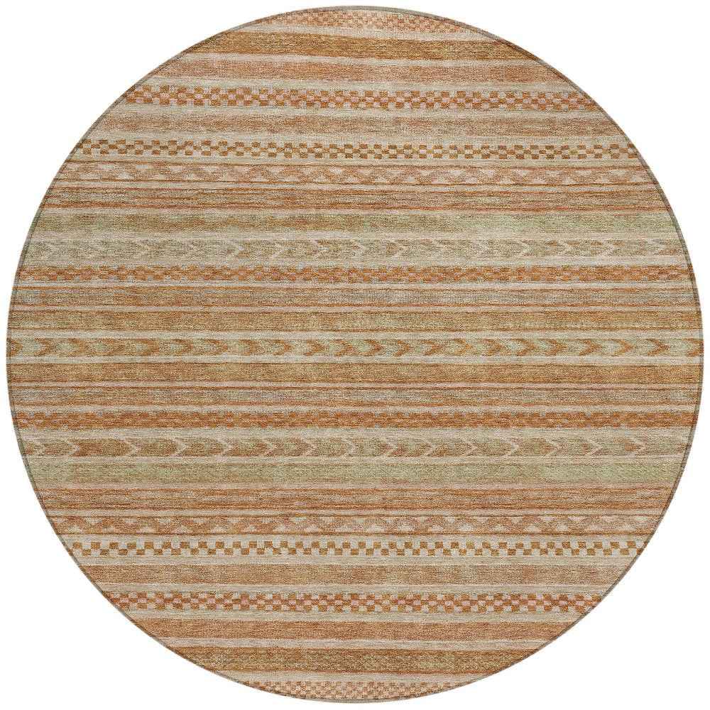 8' Terra Cotta And Rust Round Striped Washable Indoor Outdoor Area Rug