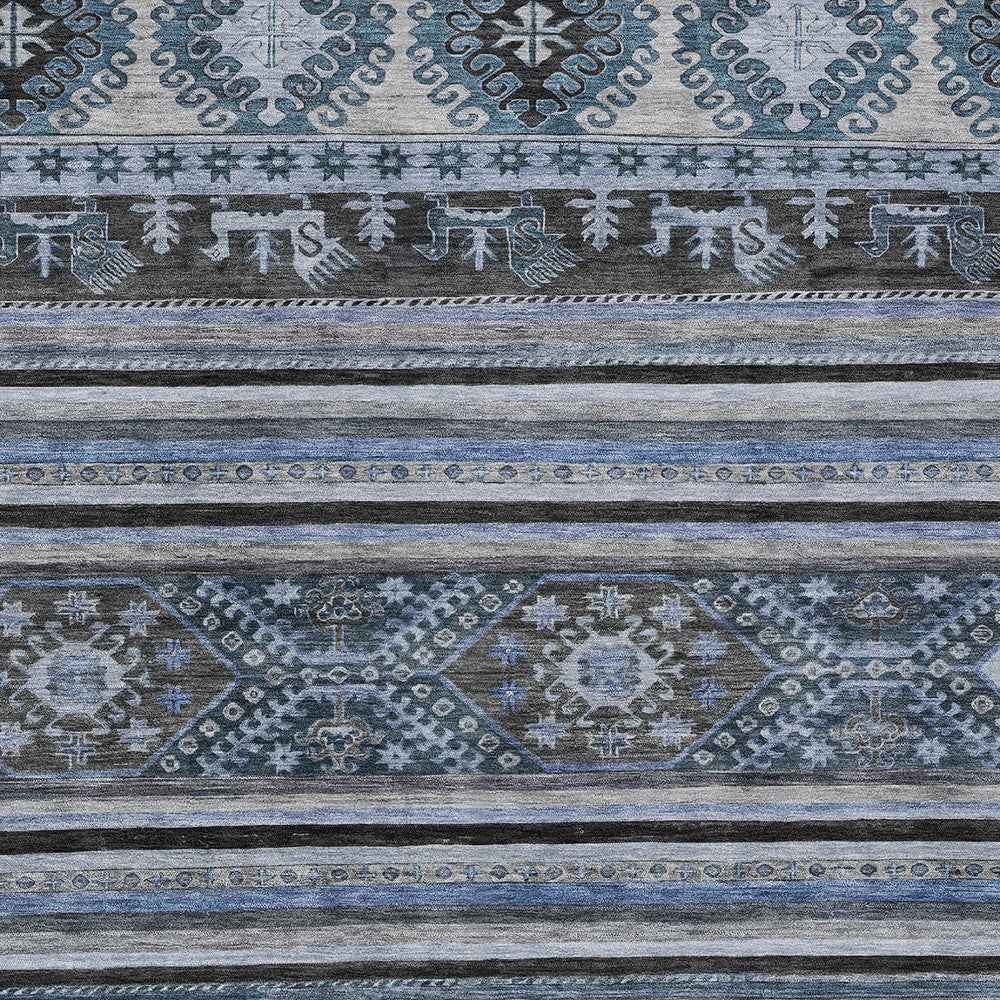 8' X 10' Blue Gray And Charcoal Tribal Washable Indoor Outdoor Area Rug