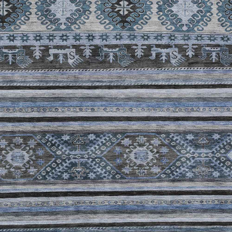 8' X 10' Blue Gray And Charcoal Tribal Washable Indoor Outdoor Area Rug