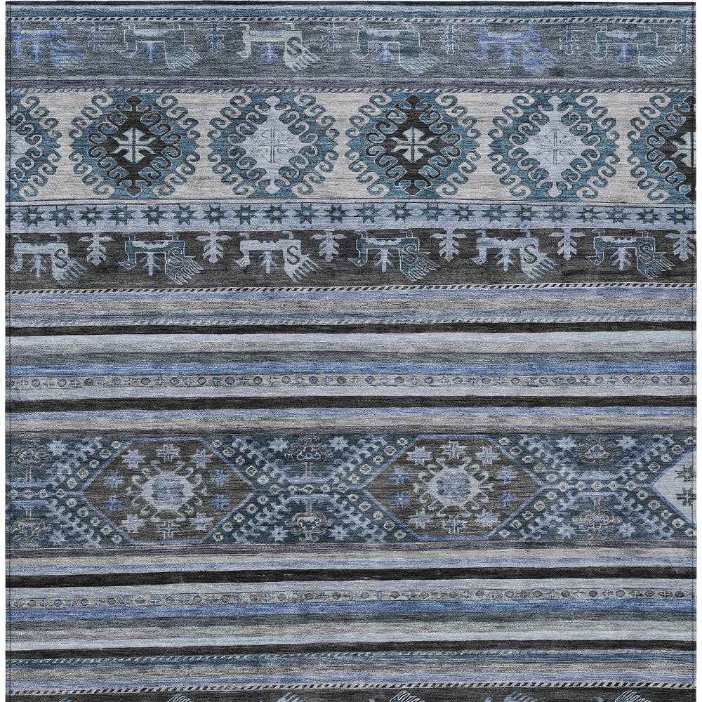 8' X 10' Blue Gray And Charcoal Tribal Washable Indoor Outdoor Area Rug