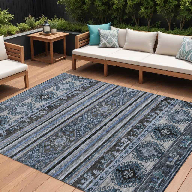 8' X 10' Blue Gray And Charcoal Tribal Washable Indoor Outdoor Area Rug