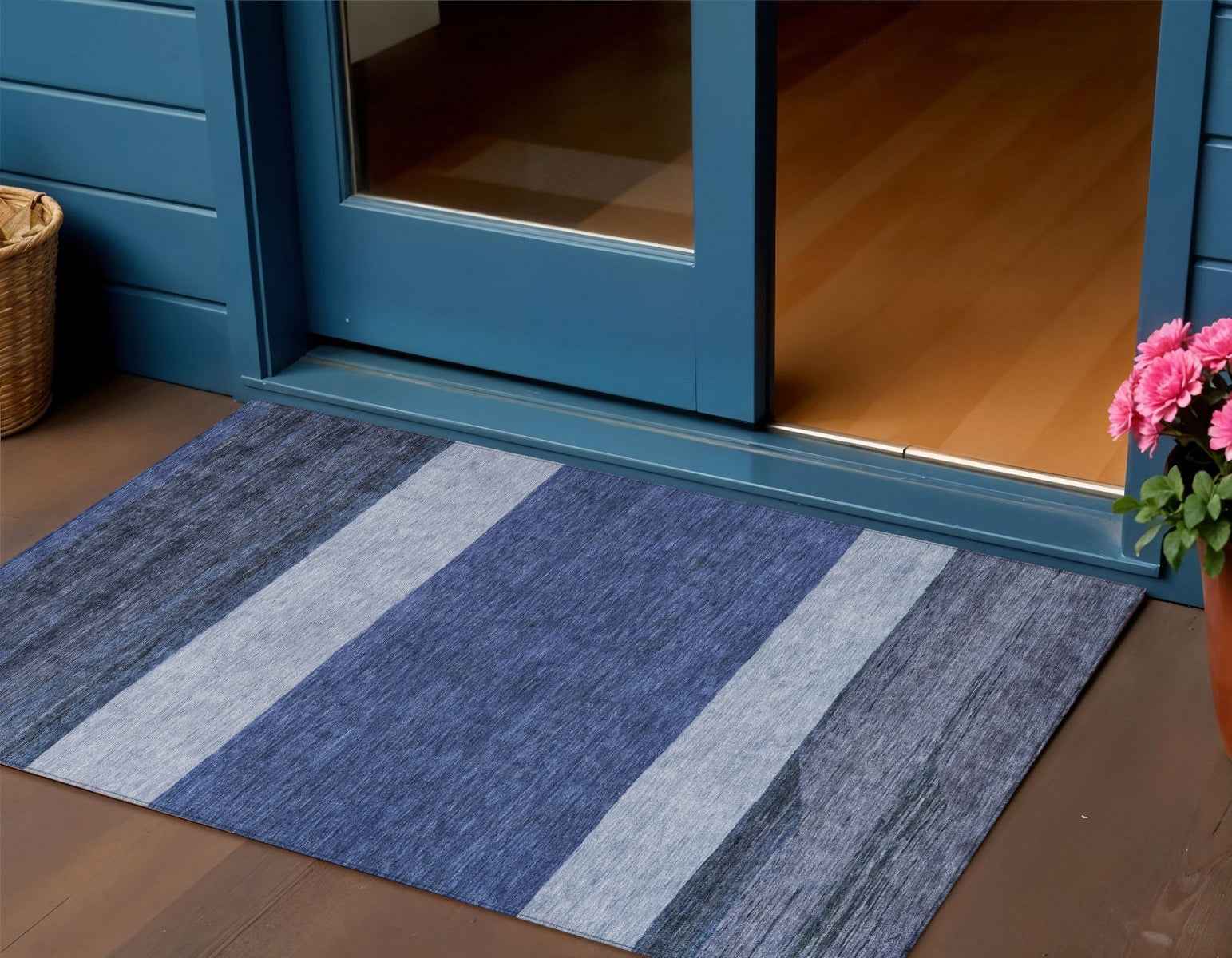 3' X 5' Navy Blue Sky Blue And Charcoal Abstract Washable Indoor Outdoor Area Rug