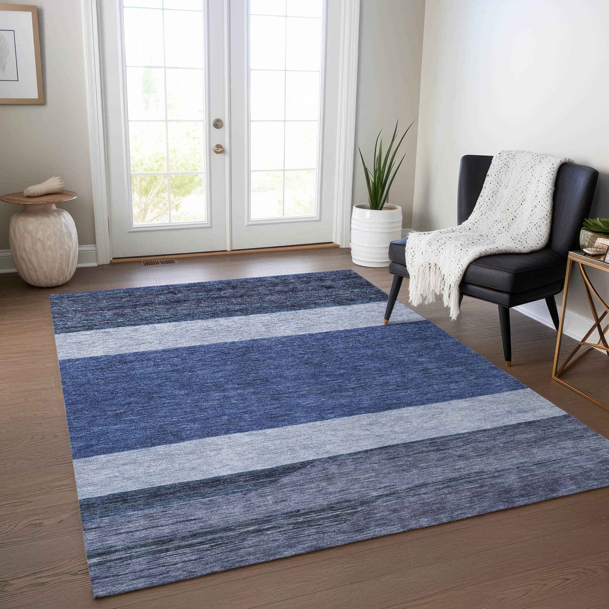 3' X 5' Navy Blue Sky Blue And Charcoal Abstract Washable Indoor Outdoor Area Rug