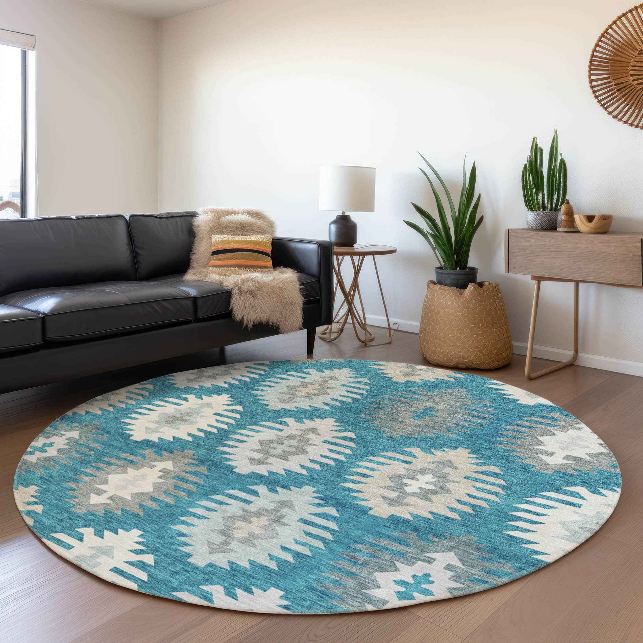 8' Teal Blue Ivory And Gray Round Southwestern Washable Indoor Outdoor Area Rug