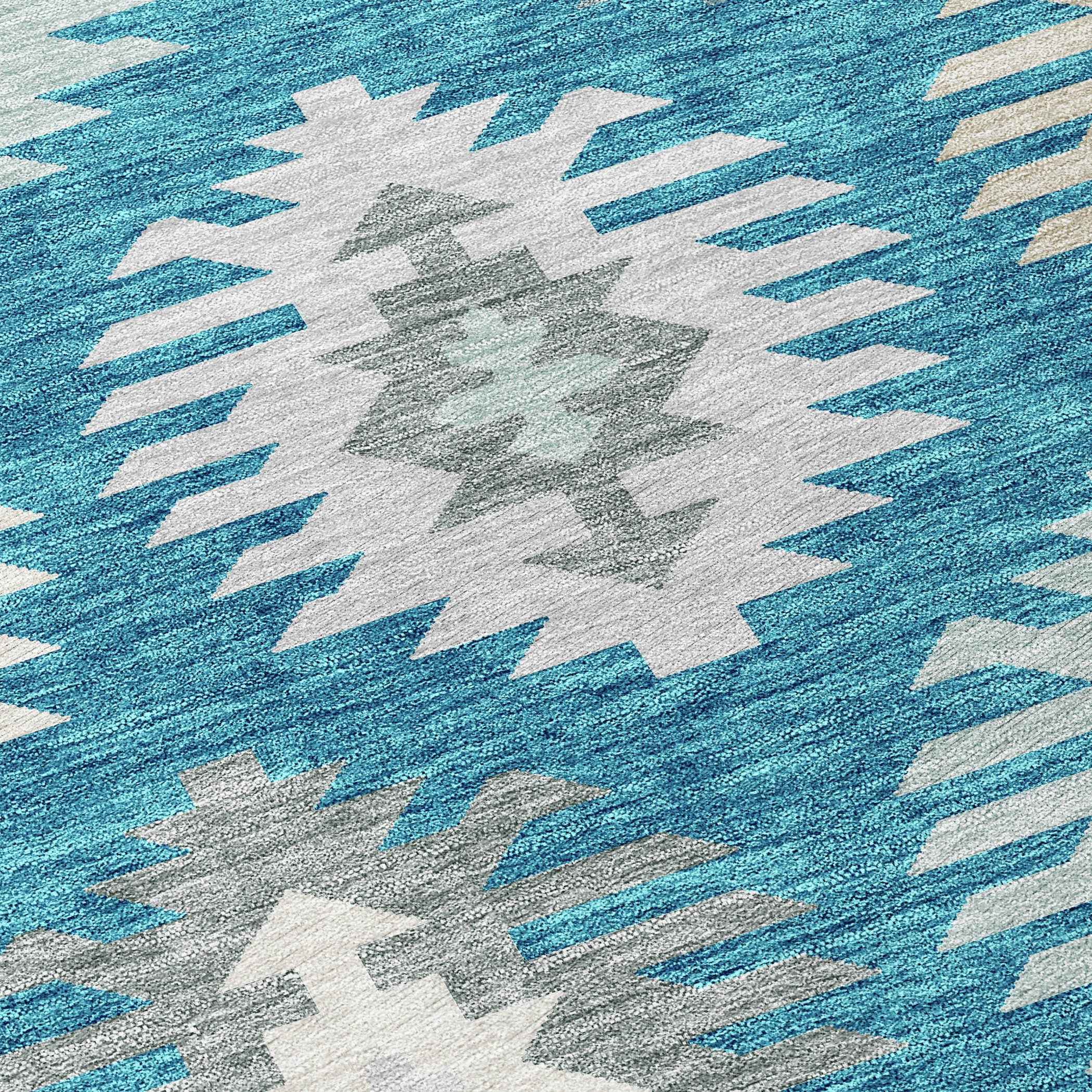 8' Teal Blue Ivory And Gray Round Southwestern Washable Indoor Outdoor Area Rug