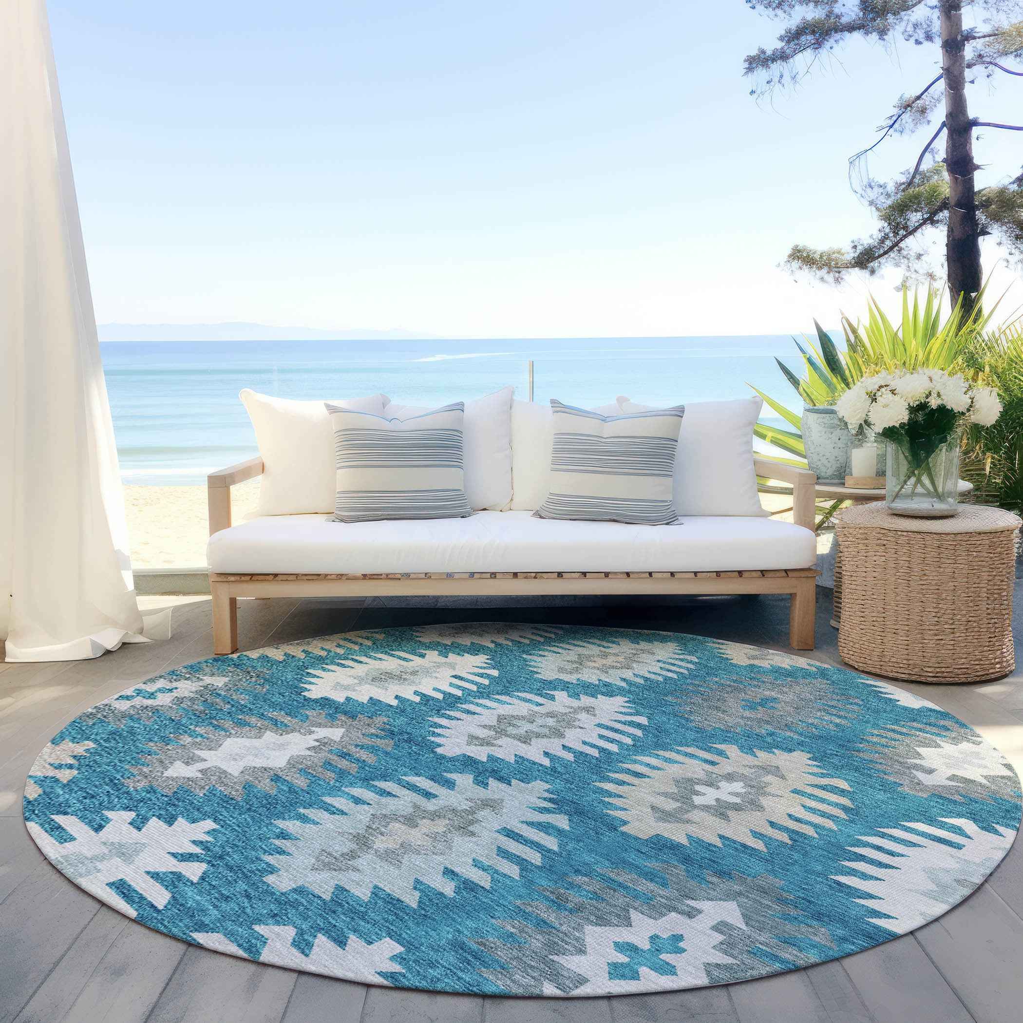 8' Teal Blue Ivory And Gray Round Southwestern Washable Indoor Outdoor Area Rug