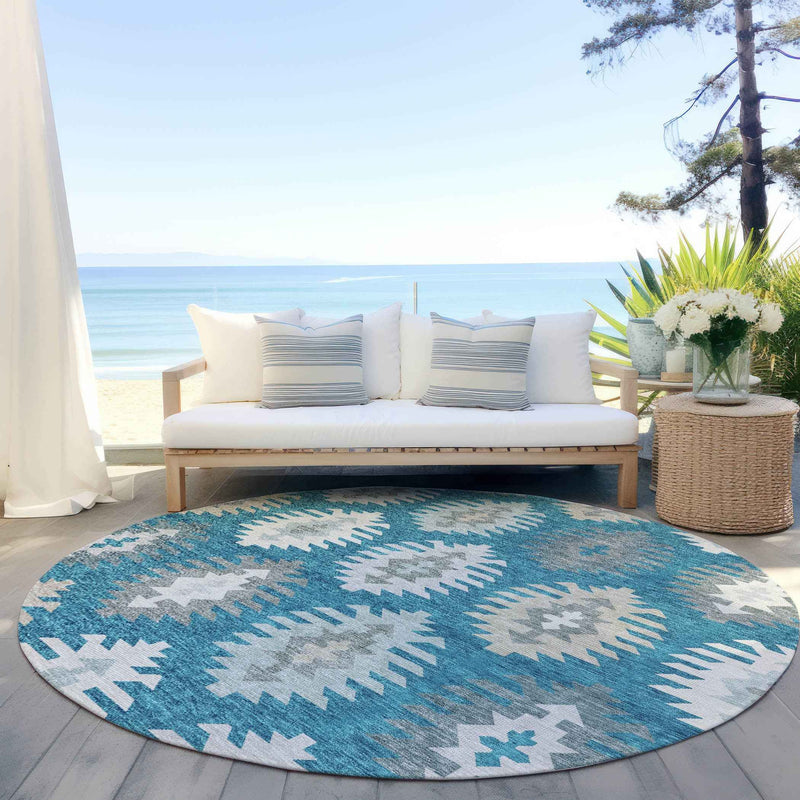 8' Teal Blue Ivory And Gray Round Southwestern Washable Indoor Outdoor Area Rug