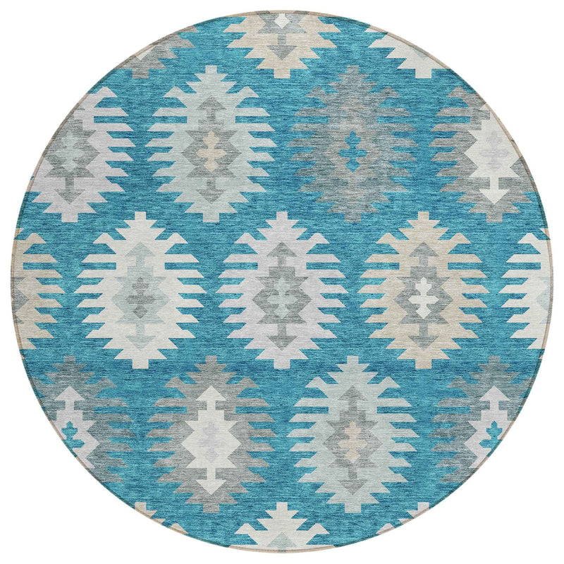 8' Teal Blue Ivory And Gray Round Southwestern Washable Indoor Outdoor Area Rug