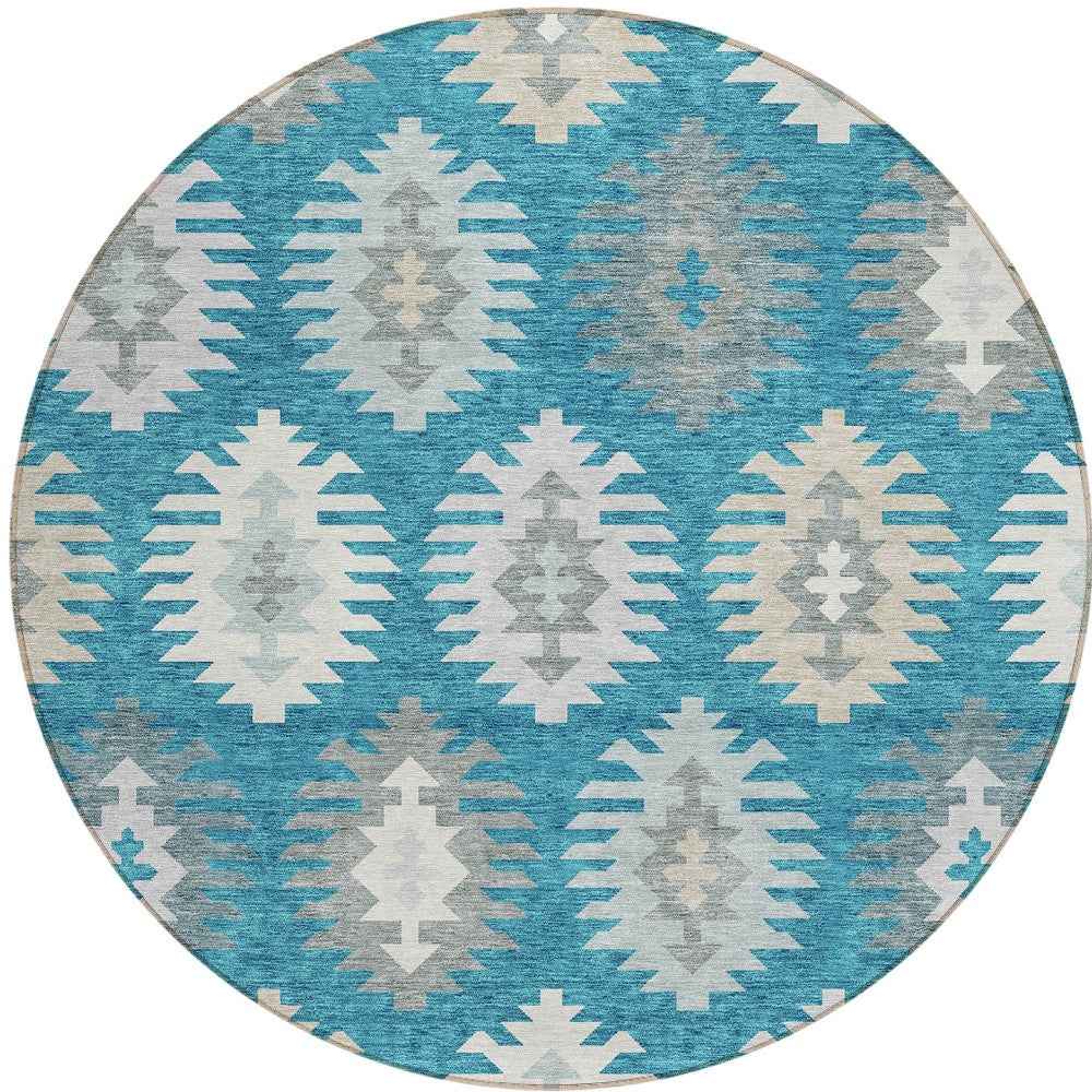 8' Teal Blue Ivory And Gray Round Southwestern Washable Indoor Outdoor Area Rug