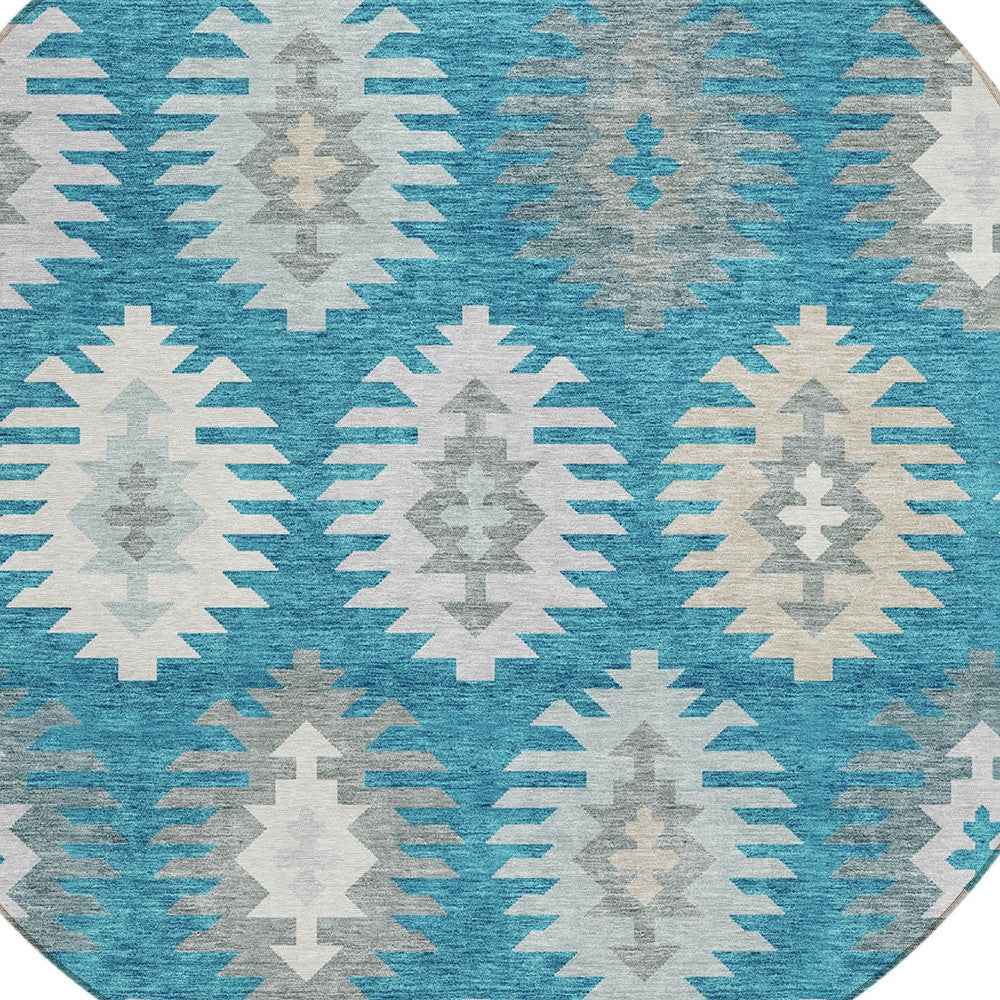 8' Teal Blue Ivory And Gray Round Southwestern Washable Indoor Outdoor Area Rug