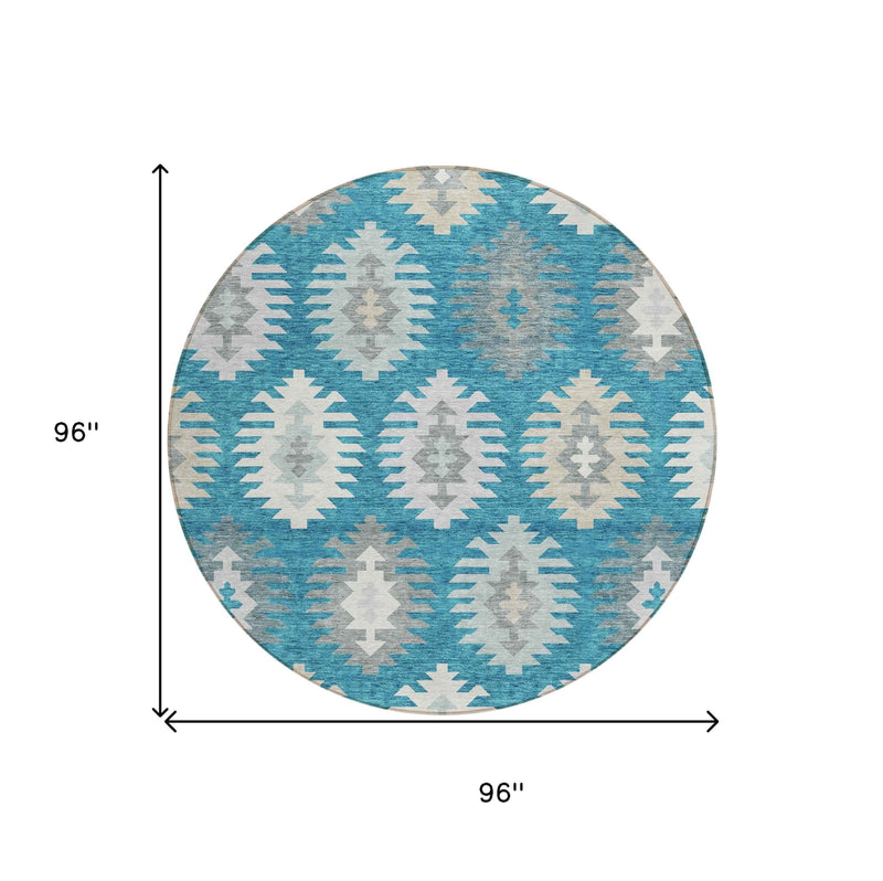 8' Teal Blue Ivory And Gray Round Southwestern Washable Indoor Outdoor Area Rug