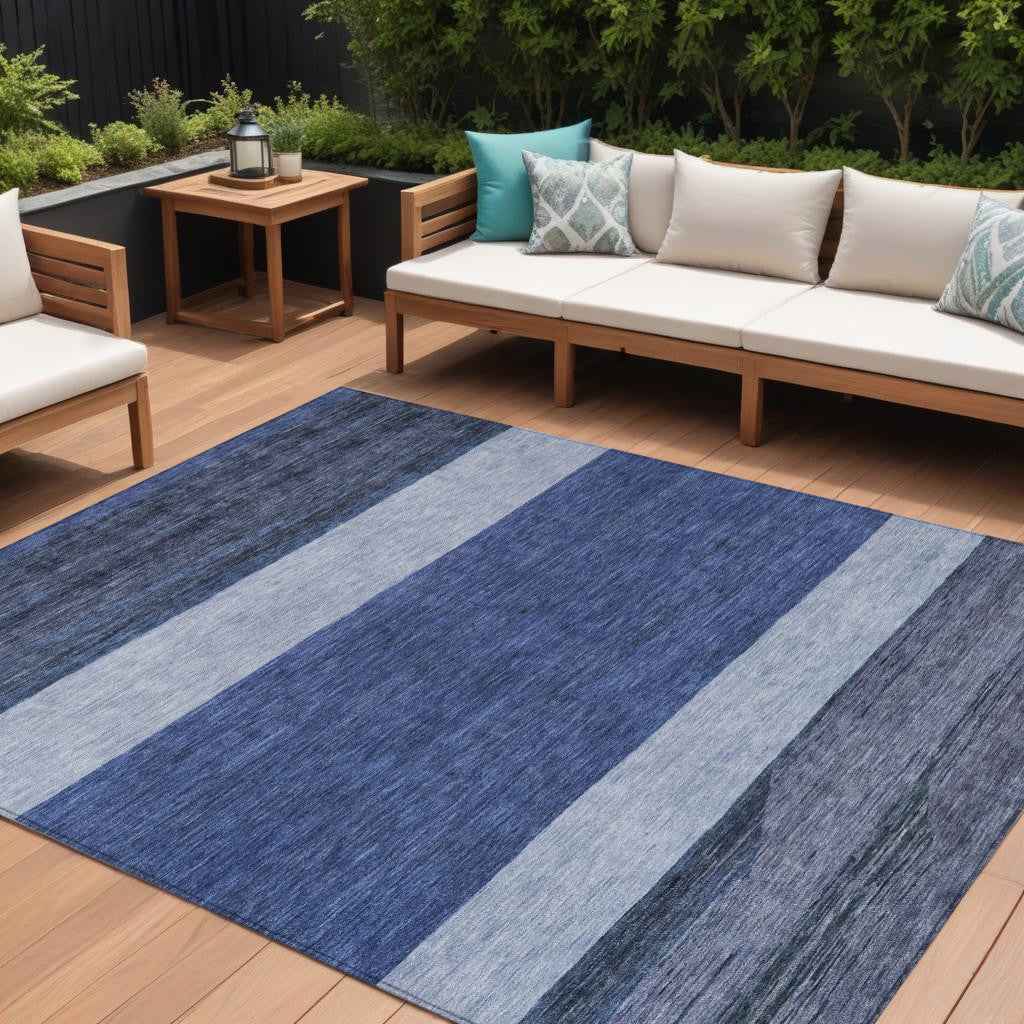 9' X 12' Navy Blue Sky Blue And Charcoal Abstract Washable Indoor Outdoor Area Rug