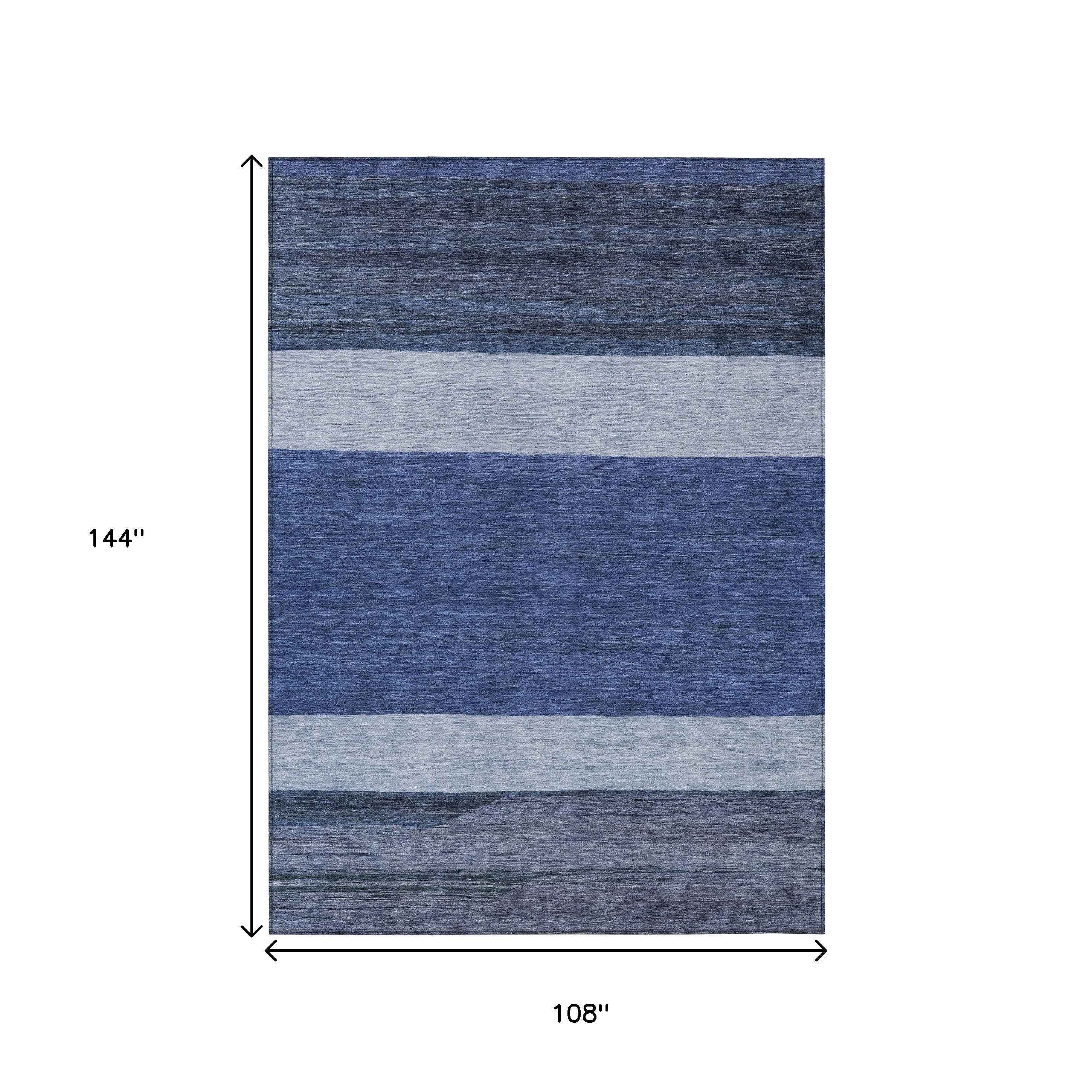 9' X 12' Navy Blue Sky Blue And Charcoal Abstract Washable Indoor Outdoor Area Rug