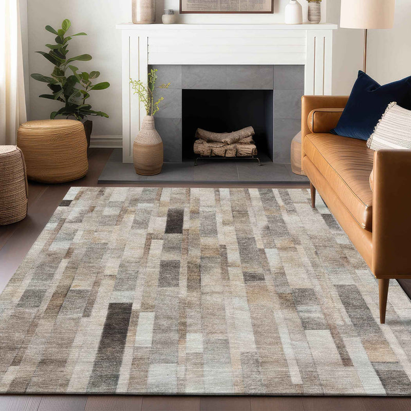 10' X 14' Taupe And Gray Striped Washable Indoor Outdoor Area Rug