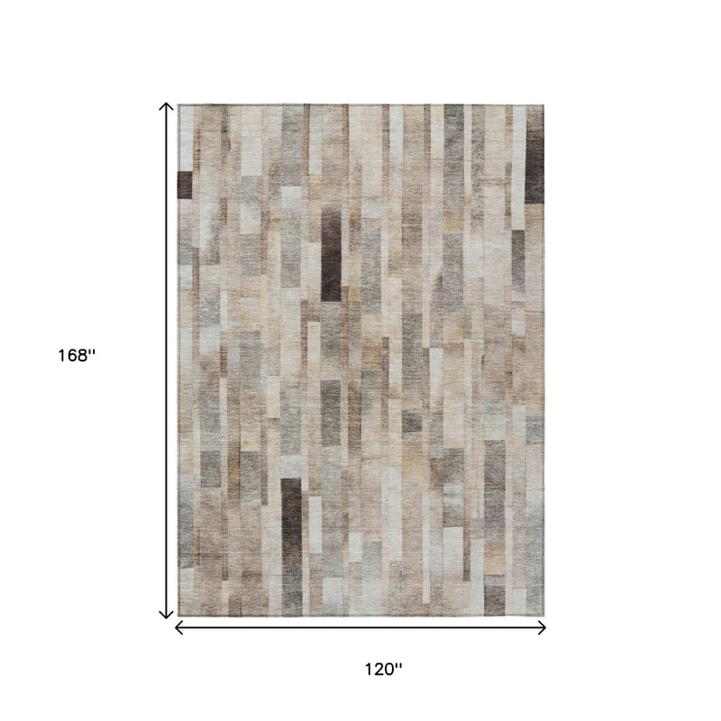 10' X 14' Taupe And Gray Striped Washable Indoor Outdoor Area Rug