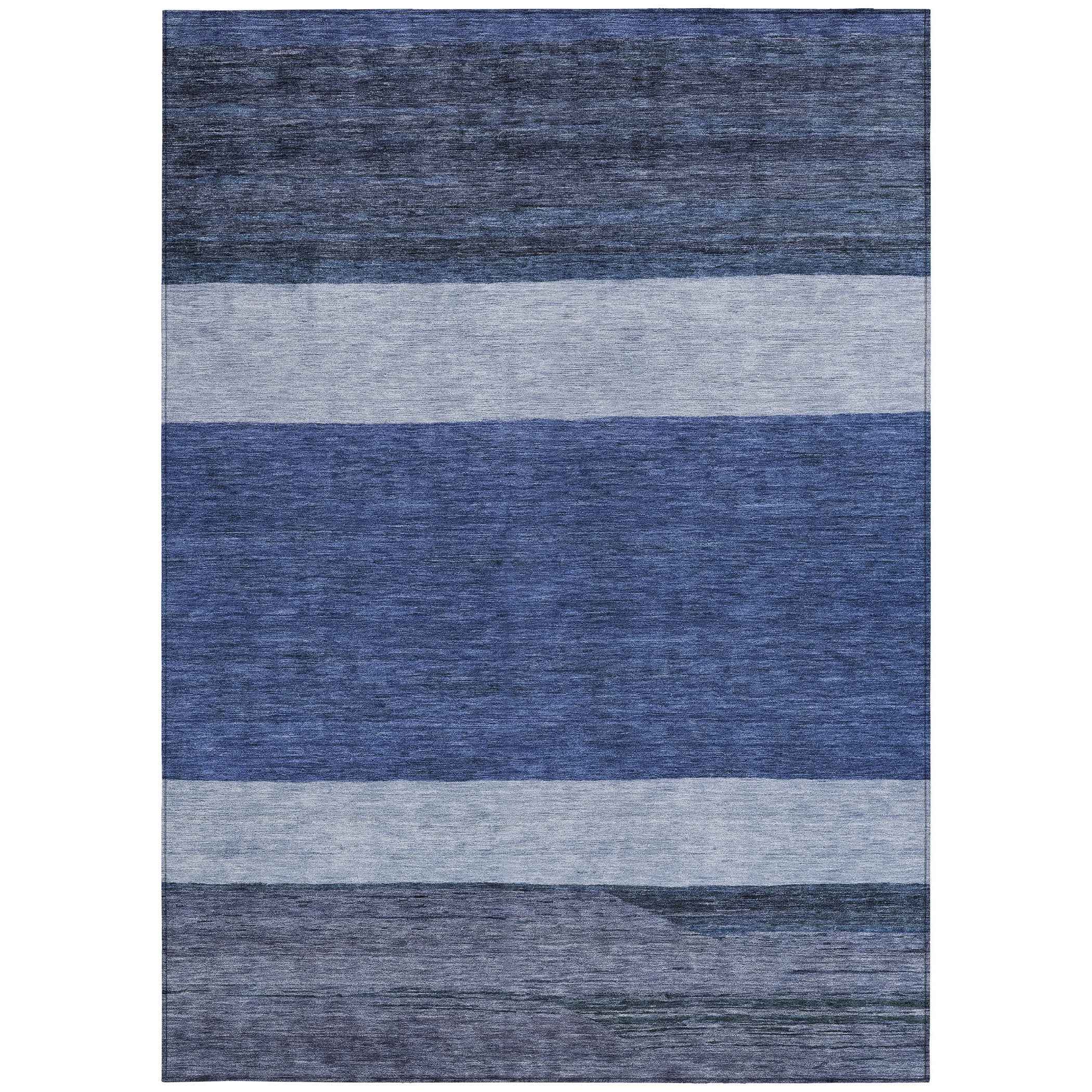 9' X 12' Navy Blue Sky Blue And Charcoal Abstract Washable Indoor Outdoor Area Rug
