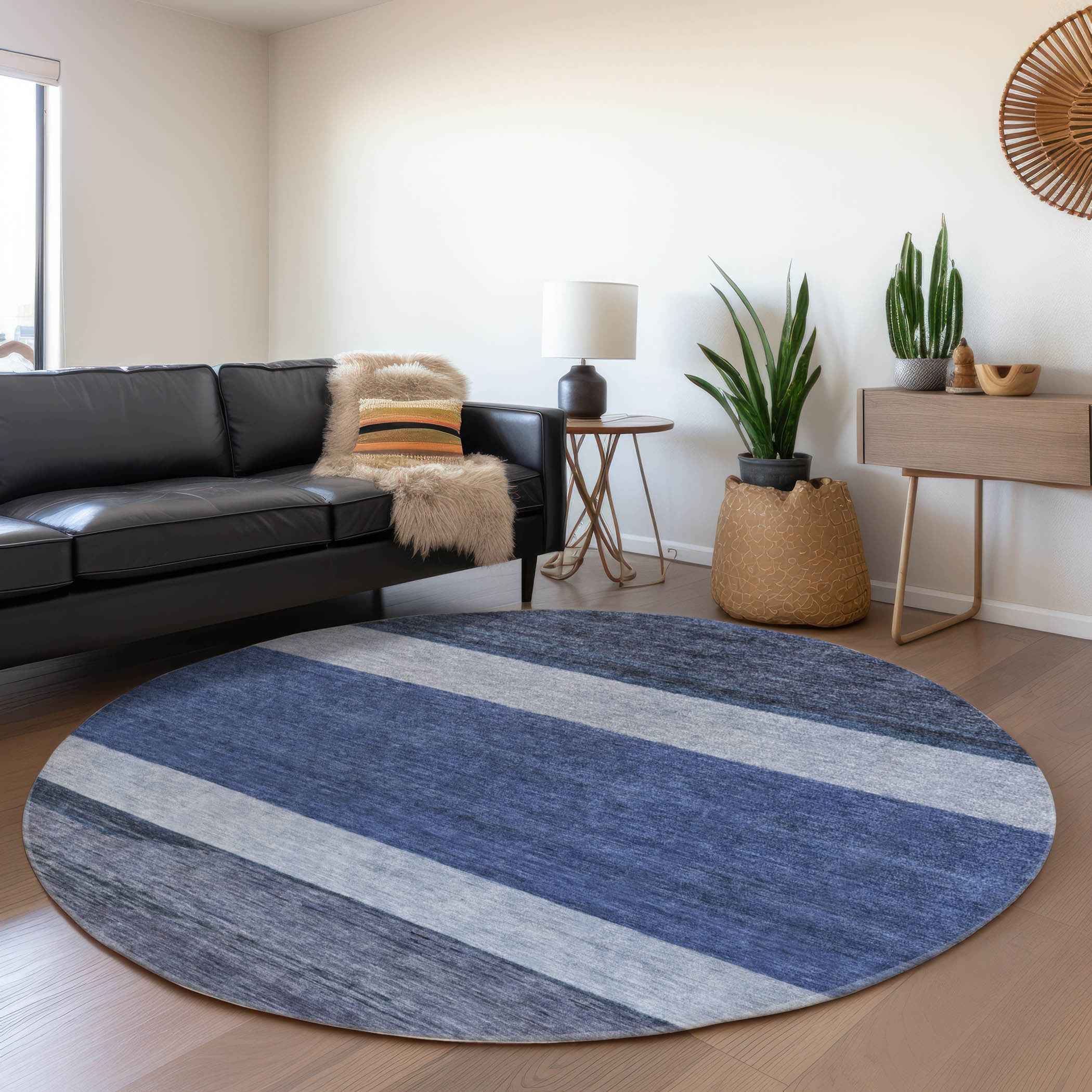 8' Navy Blue Sky Blue And Charcoal Round Abstract Washable Indoor Outdoor Area Rug