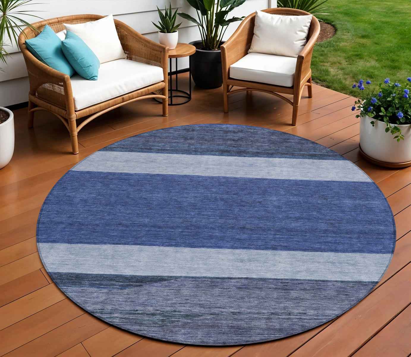 8' Navy Blue Sky Blue And Charcoal Round Abstract Washable Indoor Outdoor Area Rug