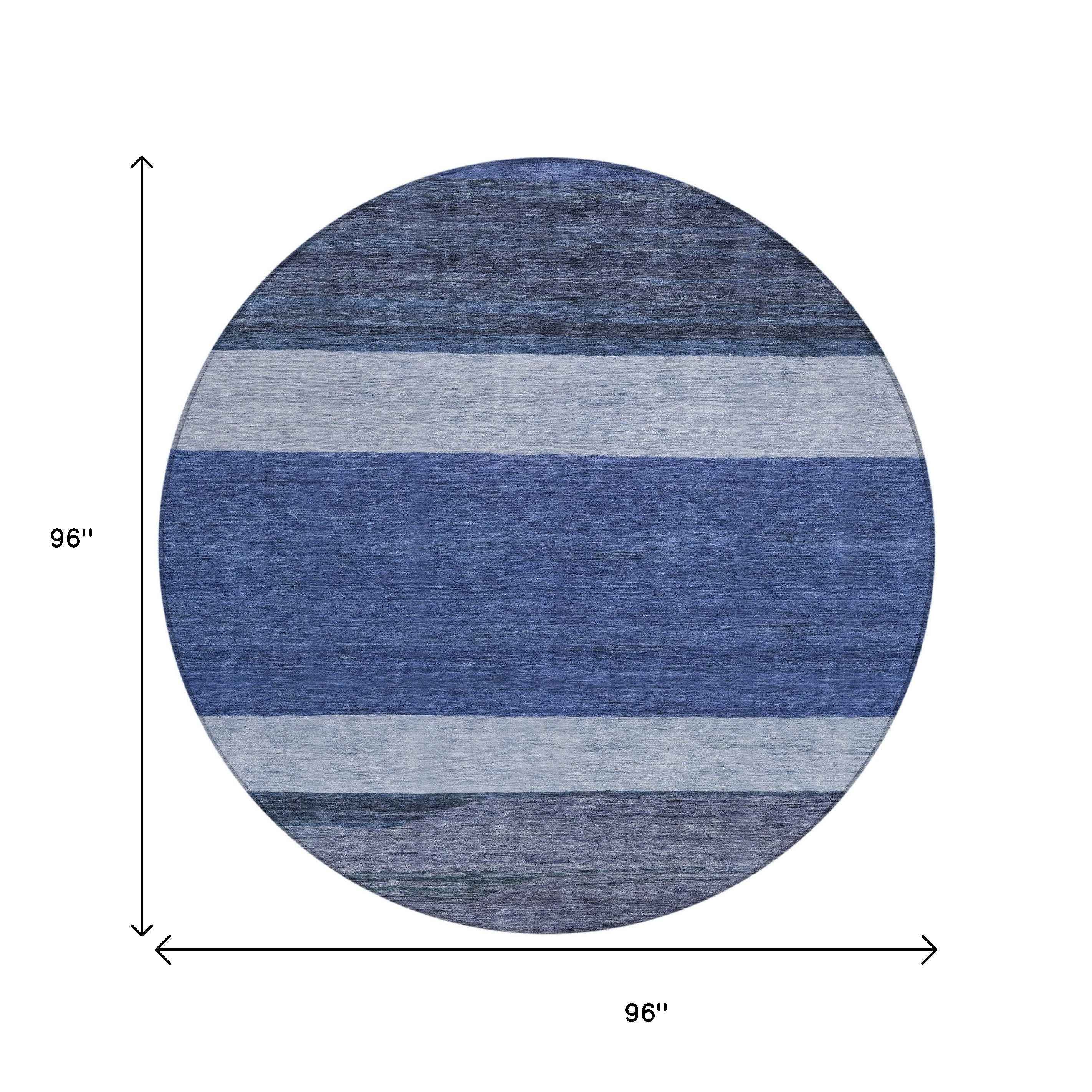8' Navy Blue Sky Blue And Charcoal Round Abstract Washable Indoor Outdoor Area Rug