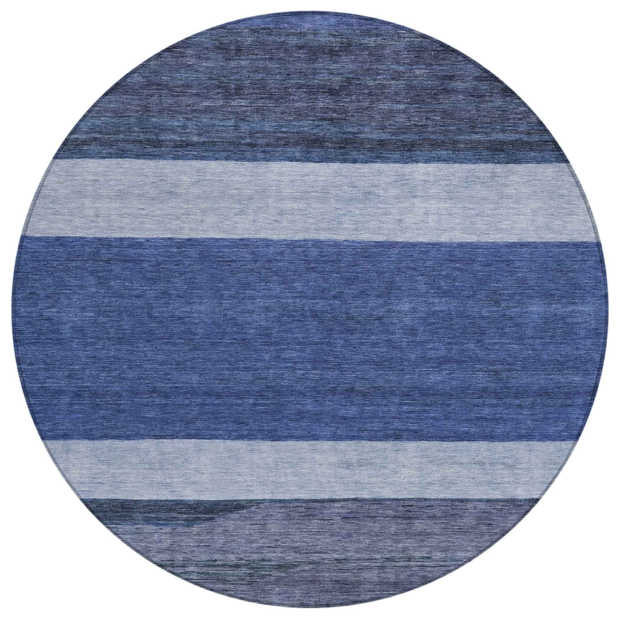 8' Navy Blue Sky Blue And Charcoal Round Abstract Washable Indoor Outdoor Area Rug