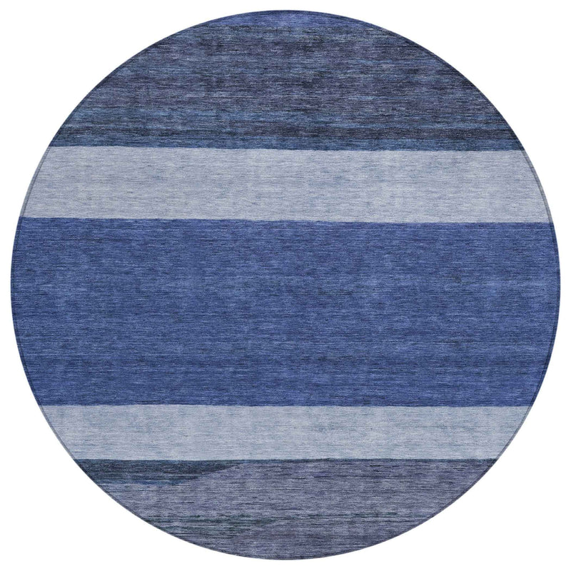 8' Navy Blue Sky Blue And Charcoal Round Abstract Washable Indoor Outdoor Area Rug