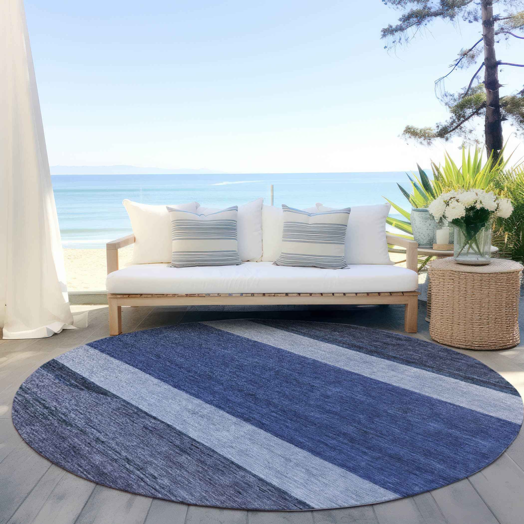 8' Navy Blue Sky Blue And Charcoal Round Abstract Washable Indoor Outdoor Area Rug
