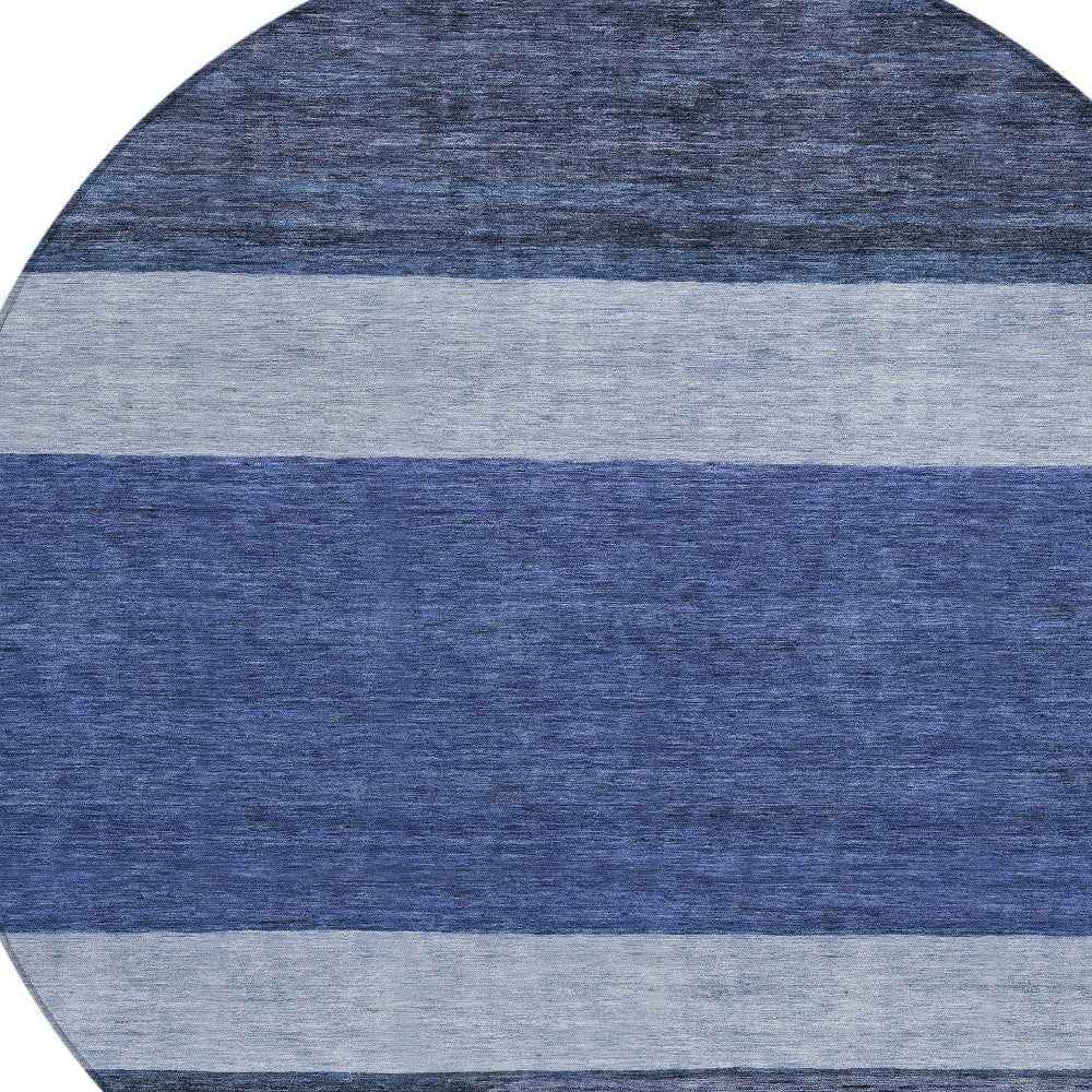 8' Navy Blue Sky Blue And Charcoal Round Abstract Washable Indoor Outdoor Area Rug
