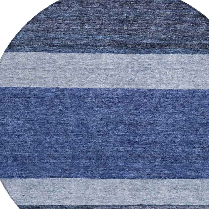 8' Navy Blue Sky Blue And Charcoal Round Abstract Washable Indoor Outdoor Area Rug